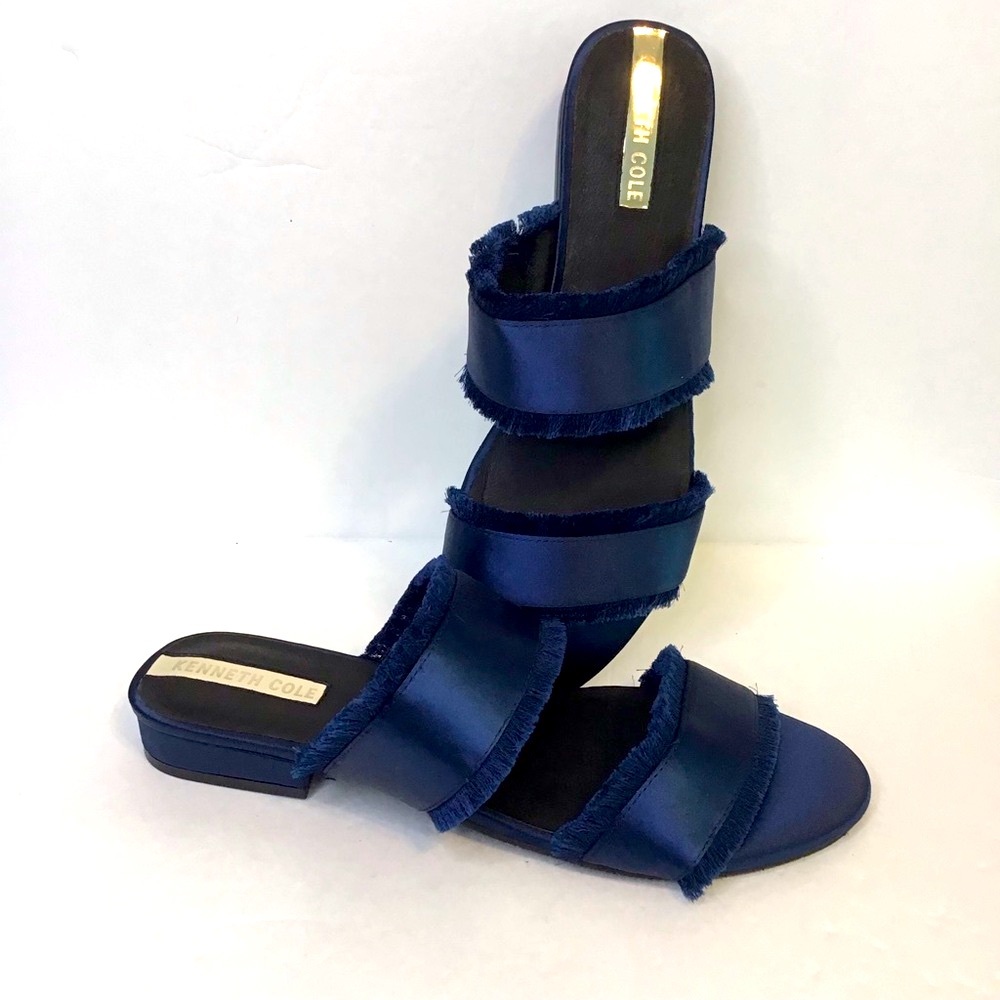 Kenneth Cole Navy Triple-Strap Frayed Slide Sandals